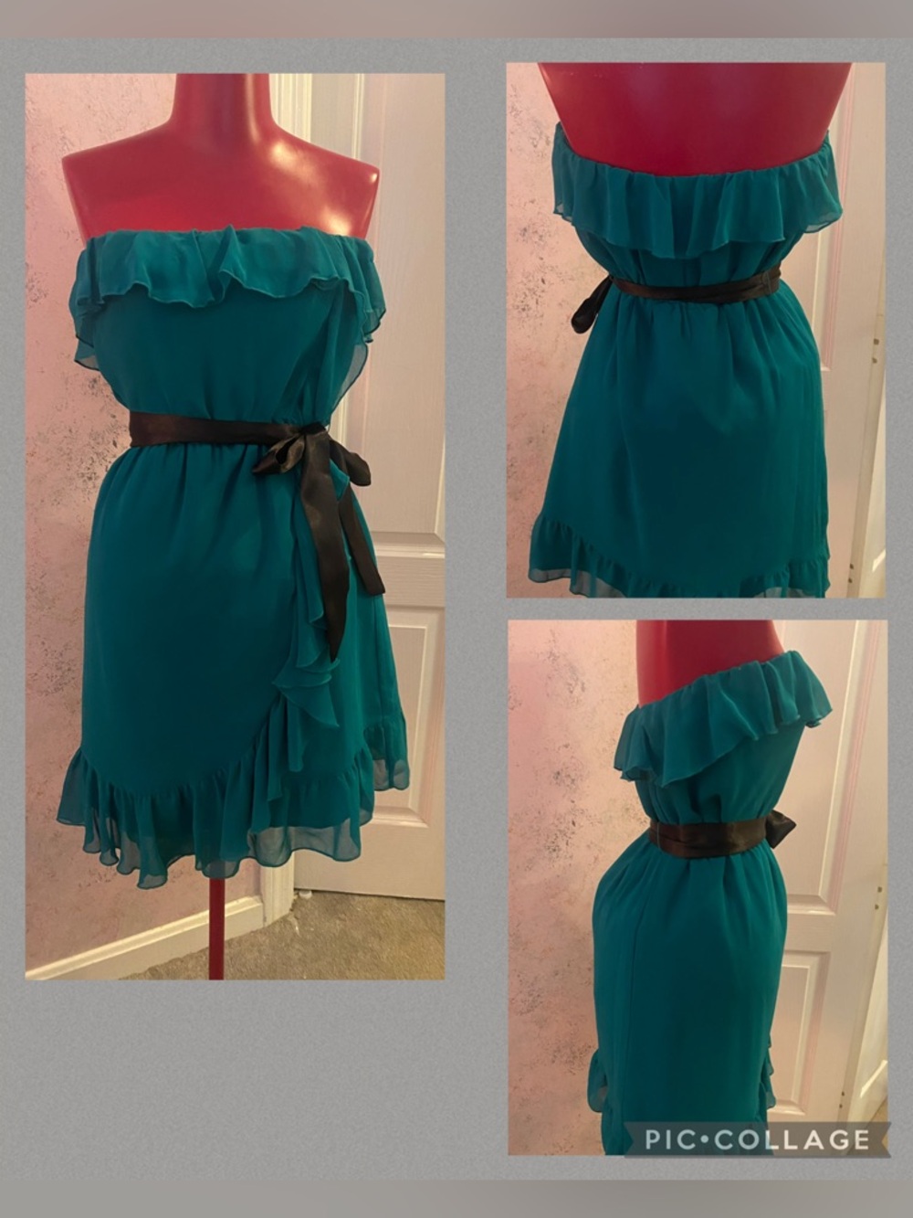 dark Teal strapless ruffled with black satin belt H&M dress Vintage size 8 NWT